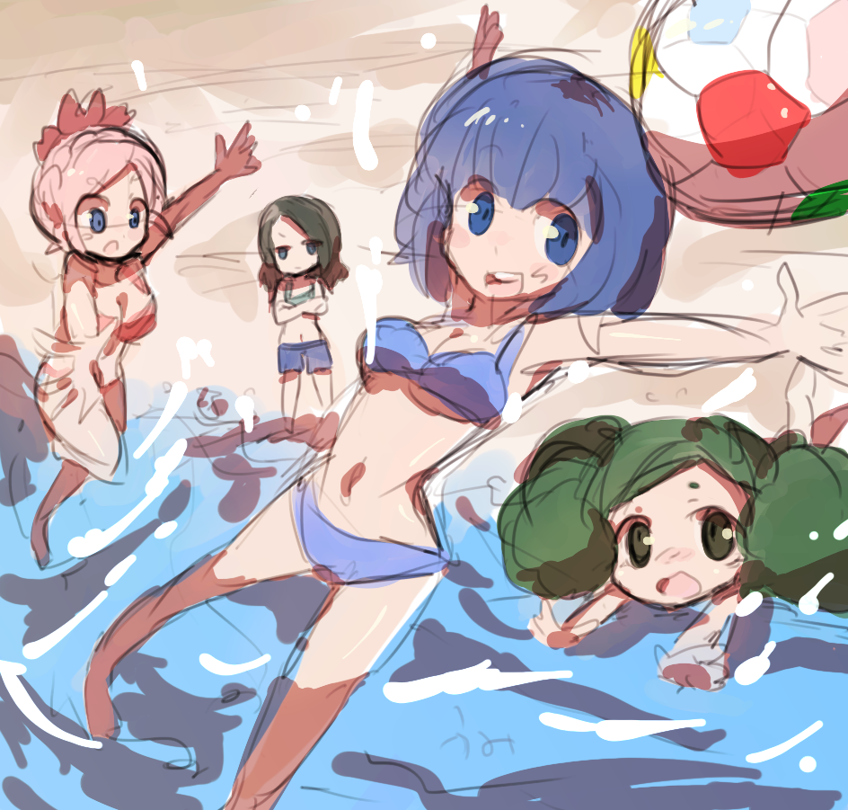 4girls ball barefoot beach beachball bikini blue_hair blush braid brown_hair character_request green_eyes green_hair inazuma_eleven_(series) inazuma_eleven_go inazuma_eleven_go_galaxy morimura_konoha multiple_girls nankai navel nozaki_sakura open_mouth pink_hair sand short_hair sketch sorano_aoi swimsuit water