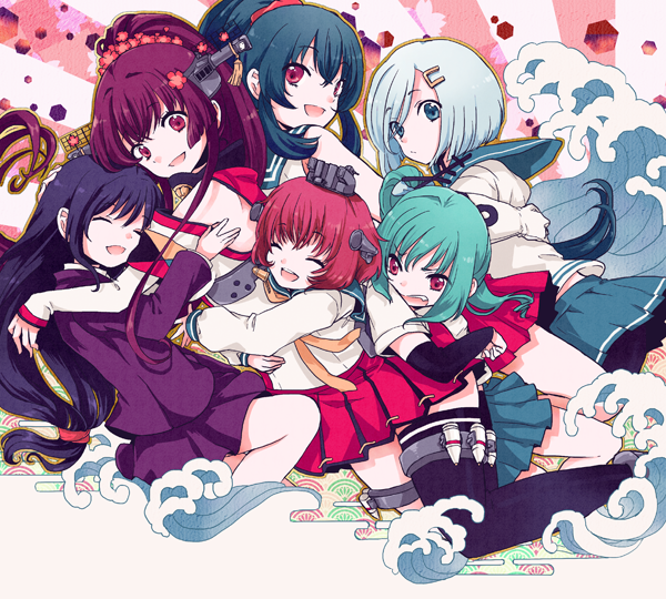 6+girls aqua_hair black_hair black_legwear blazer blue_eyes brown_hair closed_eyes fang female flower hair_flower hair_ornament hair_ribbon hairclip hamakaze_(kantai_collection) hatsushimo_(kantai_collection) headgear hug kantai_collection kasumi_(kantai_collection) kobayashi_kabura long_hair low-tied_long_hair miniskirt multiple_girls open_mouth pleated_skirt red_eyes ribbon school_uniform serafuku short_hair side_ponytail single_thighhigh skirt sleeveless smile thigh-highs thigh_strap waves white_hair yahagi_(kantai_collection) yamato_(kantai_collection) yukikaze_(kantai_collection) zettai_ryouiki