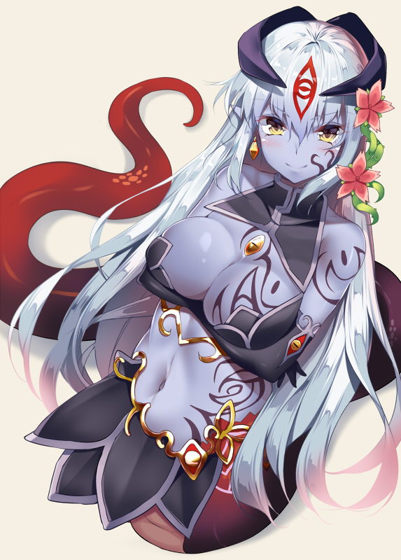1girl alisfieze_fateburn_xvi bare_shoulders blue_skin breast_rest breasts cleavage crossed_arms earrings elbow_gloves flower gloves hair_flower hair_ornament horns jewelry lamia large_breasts long_hair looking_at_viewer mon-musu_quest! monster_girl navel silver_hair simple_background smile solo tail tattoo vines white_hair yatsu_(sasuraino) yellow_eyes