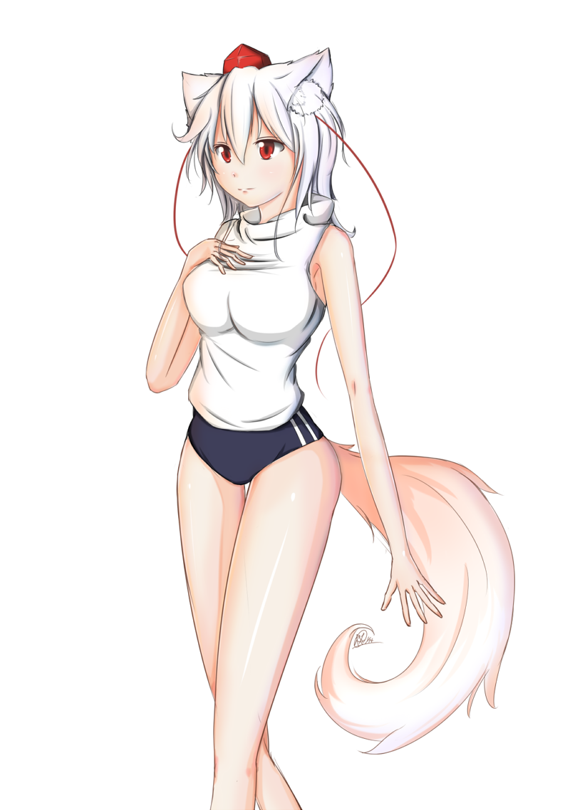 1girl animal_ears bare_shoulders breasts buruma gym_uniform hand_on_own_chest hat inubashiri_momiji large_breasts red_eyes shirt short_hair silver_hair simple_background solo tail tokin_hat touhou white_background white_shirt wolf_ears wolf_tail