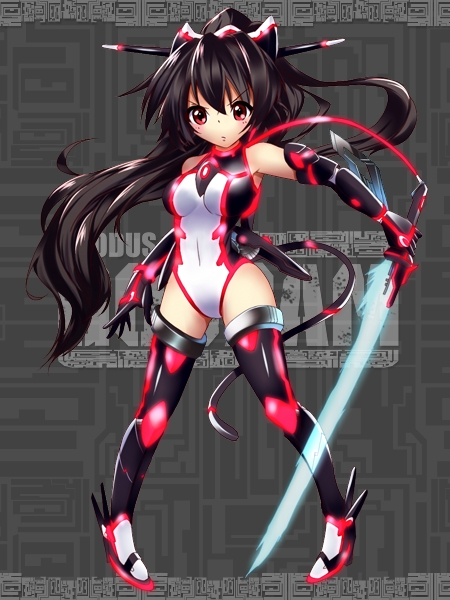 1girl afiryka_aries armpits bare_shoulders black_hair boots covered_navel elbow_gloves energy_sword full_body gloves hair_ornament halterneck leotard long_hair mechanical_tail neon_trim pigeon-toed ponytail red_eyes sanzenkai_no_avatar skin_tight solo standing sword thigh-highs thigh_boots weapon youmou_usagi