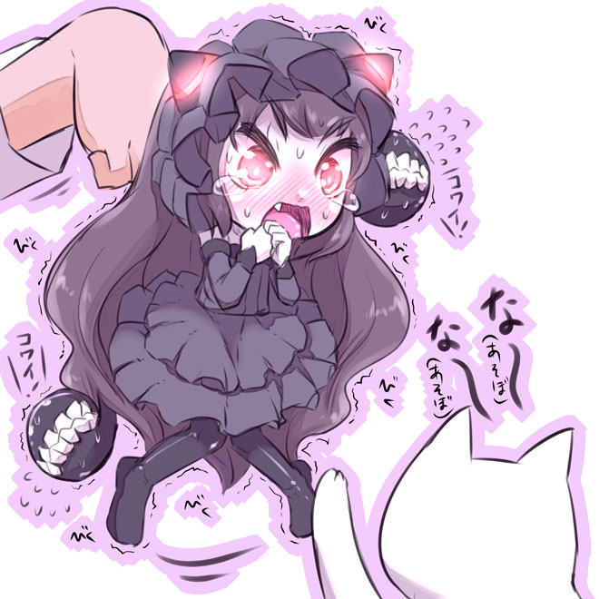 1girl black_hair blush cat crying crying_with_eyes_open fang gothic_lolita hairband horns isolated_island_oni kantai_collection lolita_fashion lolita_hairband long_hair open_mouth pale_skin pantyhose red_eyes shinkaisei-kan solo suizennji sweat tagme tears translation_request