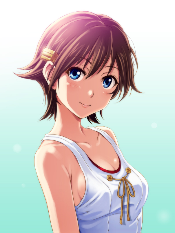 1girl adapted_costume blue_eyes bust collarbone gradient gradient_background hair_ornament hairclip hiei_(kantai_collection) kantai_collection looking_at_viewer shian_(my_lonly_life.) short_hair smile solo swimsuit
