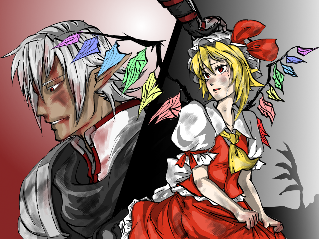 1boy 1girl armor blonde_hair blood buront crossover crying crystal dress final_fantasy final_fantasy_xi flandre_scarlet hat injury maruman pointy_ears puffy_short_sleeves puffy_sleeves red_eyes short_sleeves silver_hair the_iron_of_yin_and_yang touhou vampire vest wings