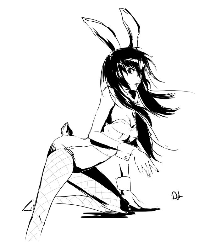 1girl alternate_hair_length alternate_hairstyle animal_ears bare_shoulders breasts bunny_tail bunnysuit cleavage dh_(brink_of_memories) fishnet_pantyhose fishnets hair_over_one_eye long_hair monochrome one_knee pantyhose persona persona_4 persona_x_detective rabbit_ears shirogane_naoto sketch solo tail wrist_cuffs