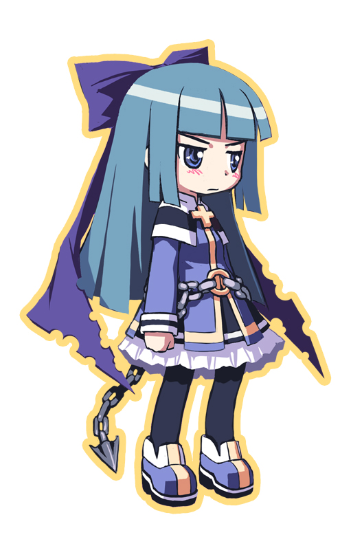 1girl bail blue_eyes blue_hair bow chain clenched_hand full_body hair_bow hair_ornament hair_ribbon long_hair original ribbon shoes simple_background solo standing tagme white_background