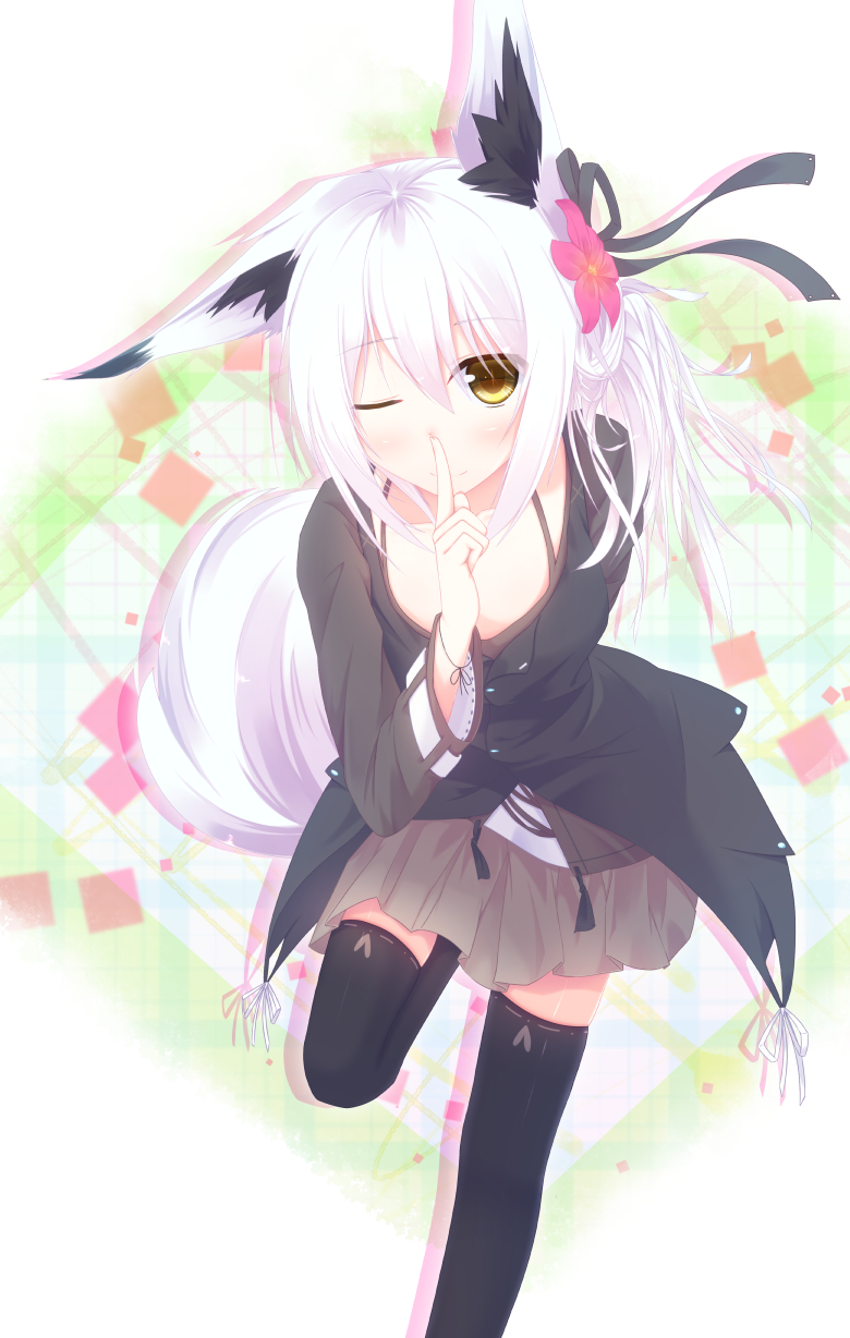 1girl animal_ears black_clothes black_legwear brown_clothes coat finger_to_mouth flower fox_ears fox_tail hair_flower hair_ornament hair_ribbon highres looking_at_viewer one_eye_closed original patterned_background ribbon shio_(shia-ushio) shushing skirt smile solo square tail thigh-highs white_background