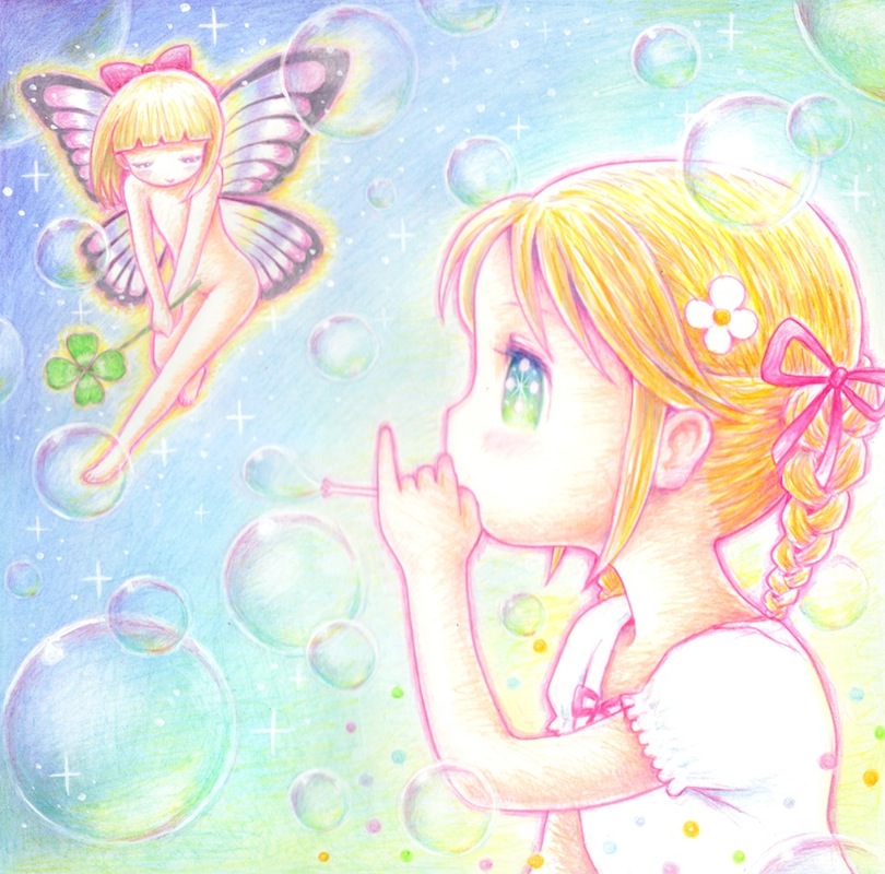 2girls acrylic_paint_(medium) bangs blonde_hair blowing blue_eyes blunt_bangs bow braid bubble bubble_blowing butterfly_wings closed_eyes clover colorful fairy flower green_eyes hair_bow hair_flower hair_ornament holding leica long_hair multicolored_eyes multiple_girls nude original pastel_(medium) pink_bow pink_ribbon puffy_short_sleeves puffy_sleeves ribbon shirt short_sleeves smile sparkle symbol-shaped_pupils traditional_media twin_braids watercolor_pencil_(medium) white_shirt wings