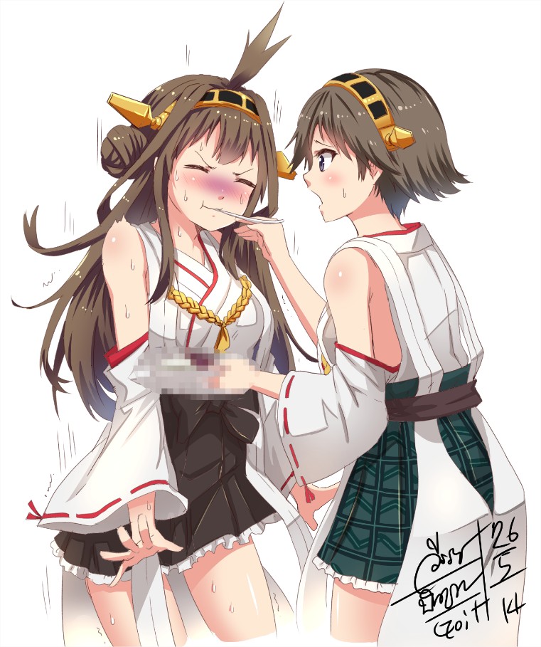 2girls bad_food bare_shoulders brown_hair censored censored_food curry detached_sleeves eating food go-it hairband hiei_(kantai_collection) japanese_clothes kantai_collection kongou_(kantai_collection) long_hair multiple_girls nontraditional_miko short_hair