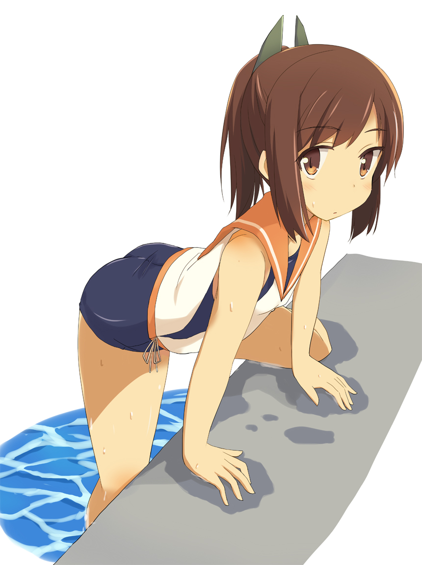 1girl ass blush_stickers brown_eyes brown_hair i-401_(kantai_collection) kantai_collection kugui_kiyunemu leaning_forward one-piece_swimsuit ponytail school_swimsuit short_hair short_ponytail solo swimsuit swimsuit_under_clothes wet wet_clothes