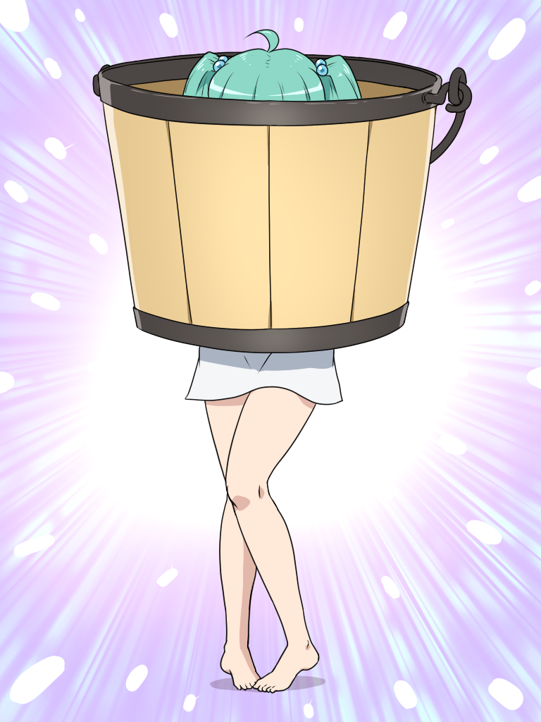 1girl ahoge barefoot bucket green_hair hair_bobbles hair_ornament hidden_face in_bucket in_container kisume pigeon-toed shirosato solo touhou twintails