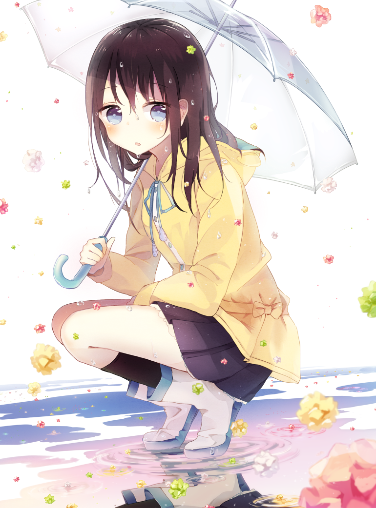 1girl bangs black_hair blue_eyes boots boyano hand_on_lap holding holding_umbrella hood_down looking_at_viewer miniskirt original parted_lips pleated_skirt raincoat reflection ripples rubber_boots skirt solo squatting tagme umbrella water_drop wet