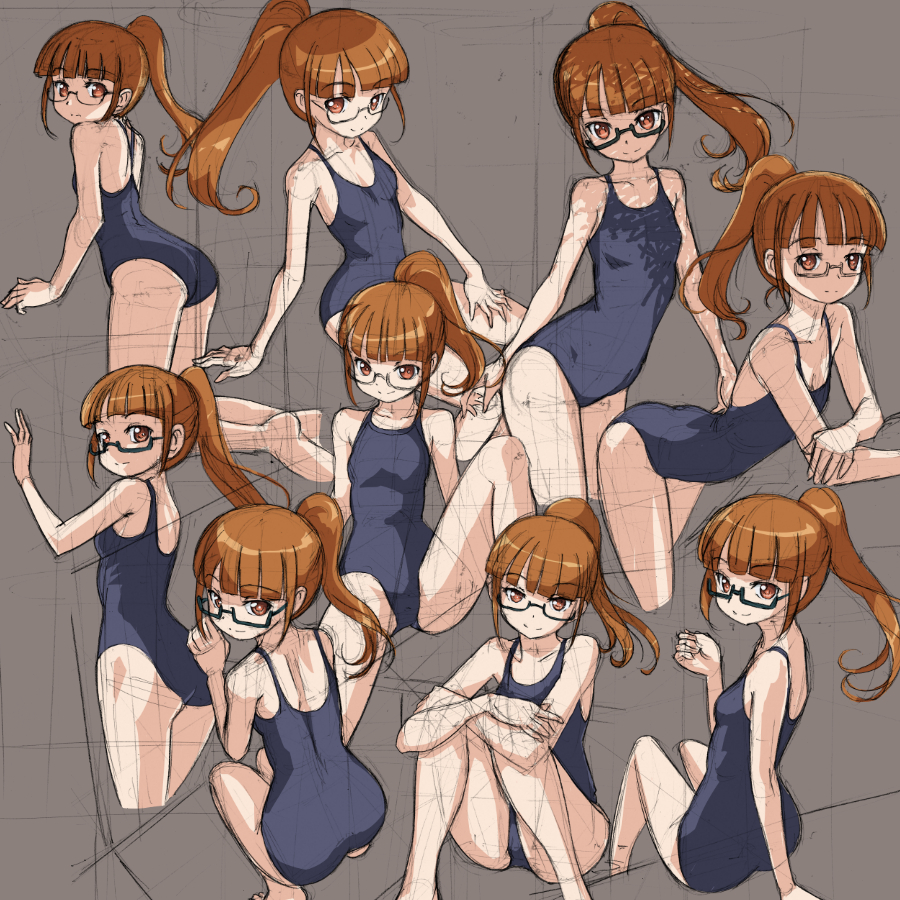 1girl against_wall ass brown_background brown_eyes brown_hair glasses kneeling long_hair looking_at_viewer minami_mirei ponytail puri_para rohitsuka school_swimsuit sitting sketch smile solo squatting standing swimsuit