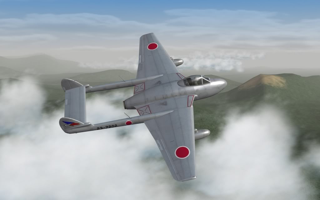 3d airplane antennae artist_request canopy clouds cockpit de_havilland_vampire flying game_cg helmet japan japanese_flag jet mountain pilot pilot_suit realistic