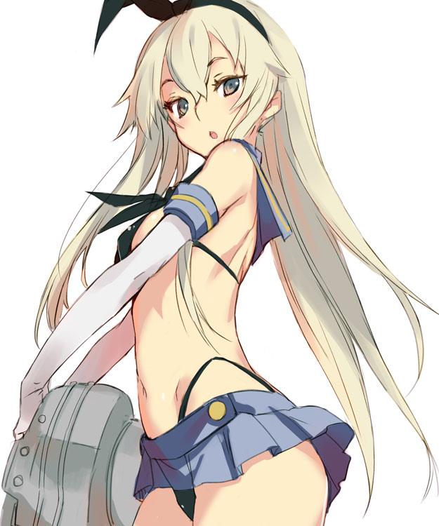 1girl bikini bikini_top black_bikini black_panties blonde_hair blush chestnut_mouth elbow_gloves gloves hairband highleg highleg_panties jpeg_artifacts kantai_collection kawata_hisashi long_hair looking_at_viewer navel open_mouth panties shimakaze_(kantai_collection) side simple_background skirt solo swimsuit underwear white_background white_gloves