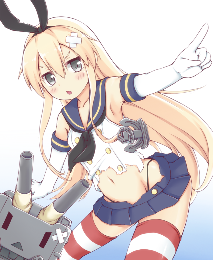 1girl anchor_hair_ornament bare_shoulders black_panties blonde_hair blue_skirt blush chestnut_mouth elbow_gloves gloves grey_eyes highleg highleg_panties kantai_collection long_hair midriff mrisk neckerchief panties pleated_skirt pointing rensouhou-chan sailor_collar shimakaze_(kantai_collection) skirt striped striped_legwear thigh-highs torn_clothes torn_skirt triangle_mouth underwear white_background white_gloves