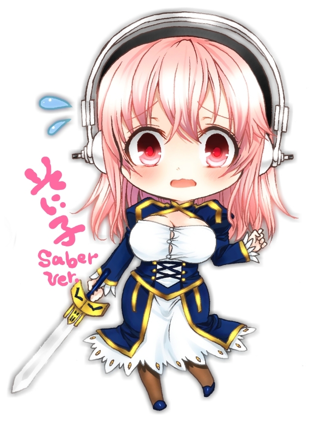 blush breasts chibi cleavage cosplay fate/stay_night fate_(series) headphones large_breasts long_hair nitroplus open_mouth pink_eyes pink_hair ryokuya saber saber_(cosplay) solo super_sonico sword weapon