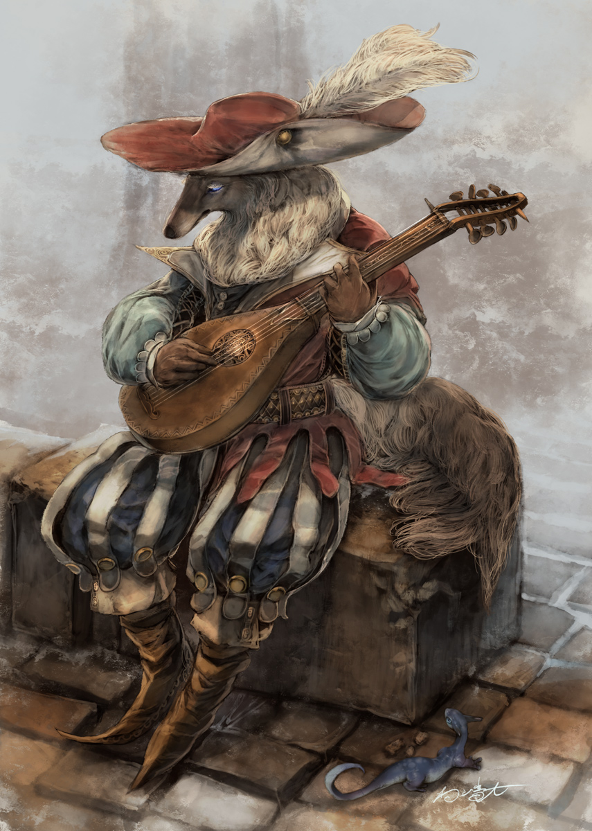 anteater bard belt blue_eyes furry gloves hat hat_feather highres instrument lizard long_sleeves lute_(instrument) murayama_ryouta original outdoors playing_instrument pointed_boots puffy_long_sleeves puffy_sleeves renaissance_clothes sett sitting solo striped striped_legwear tagme tail vertical-striped_legwear vertical_stripes