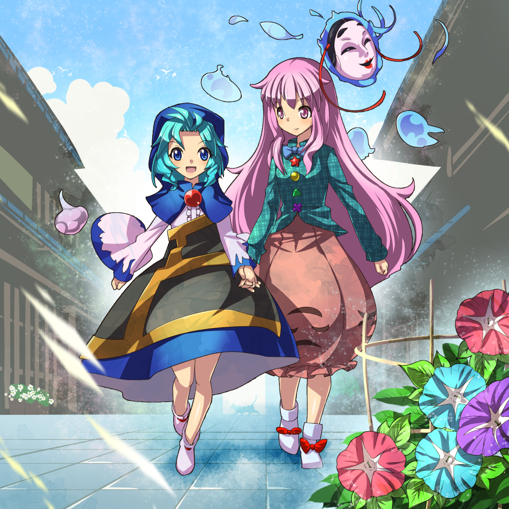 2girls blue_eyes blue_hair bow bowtie bubble_skirt building cat clouds flower hata_no_kokoro height_difference holding_hands hood interlocked_fingers jewelry kesa kumoi_ichirin long_hair long_sleeves mask morning_glory multiple_girls noh_mask open_mouth outdoors pendant pink_eyes pink_hair plaid plaid_shirt shirt short_hair side-by-side skirt sky smile tile_floor tiles touhou umigarasu_(kitsune1963) very_long_hair