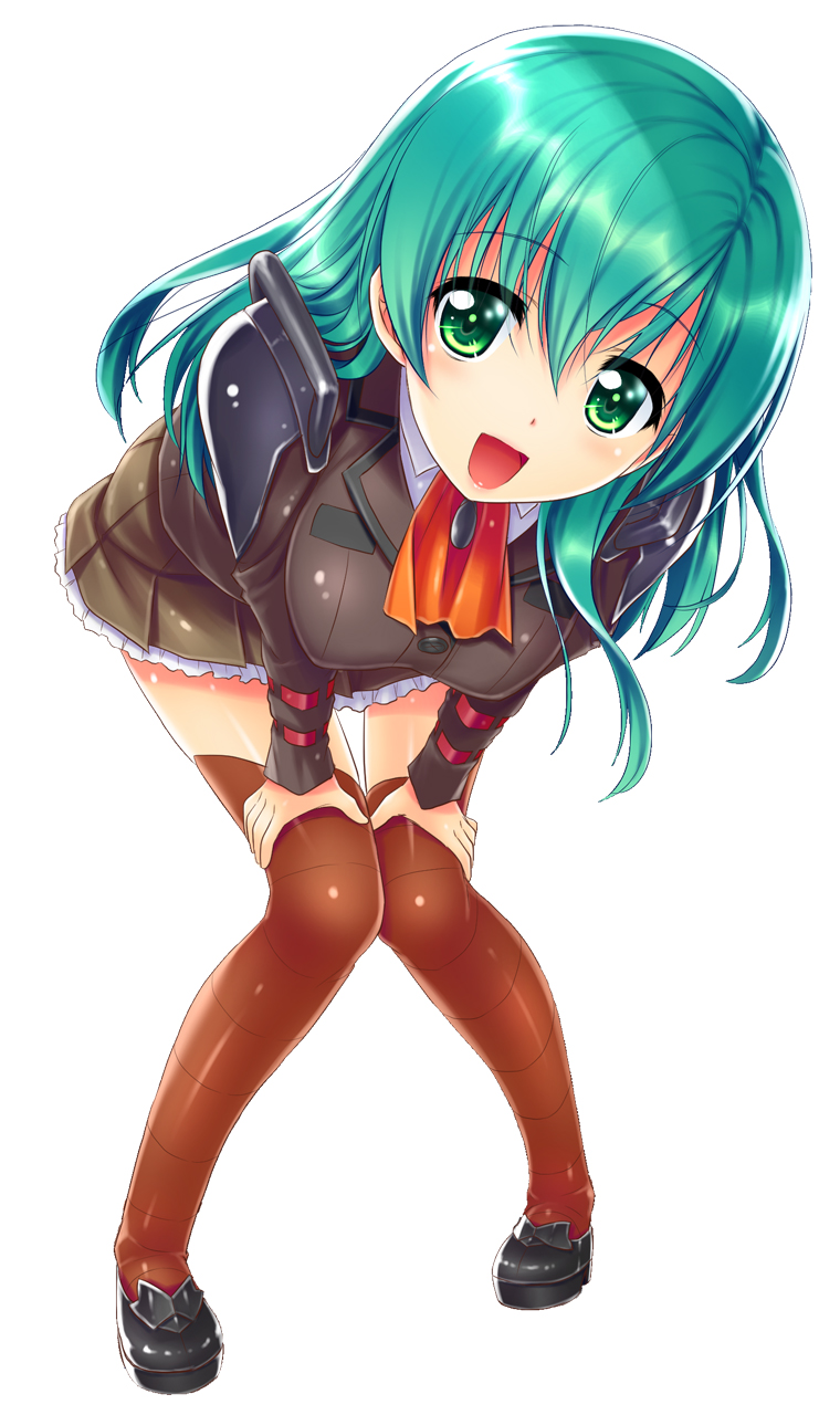 1girl :d breasts brown_legwear green_eyes green_hair hands_on_knees highres kantai_collection leaning_forward long_hair looking_at_viewer open_mouth sakaki_maki school_uniform smile solo standing suzuya_(kantai_collection) thigh-highs white_background
