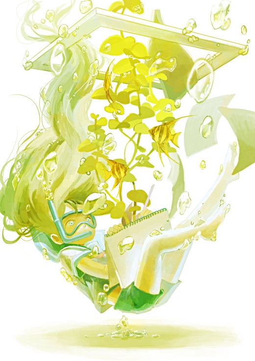 1girl barefoot bubble goggles kayo_(46996116) long_hair original paper plant shorts sketchbook snorkel solo