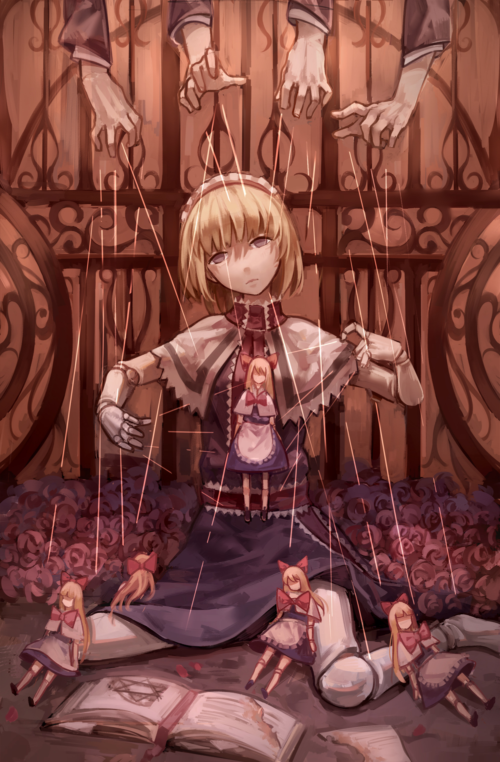 1girl alice_margatroid blonde_hair book capelet doll doll_joints dress flower gate hairband highres looking_at_viewer muted_color no_eyes no_nose no_pupils out_of_frame rose shanghai_doll short_hair sitting solo_focus string touhou wariza zicai_tang
