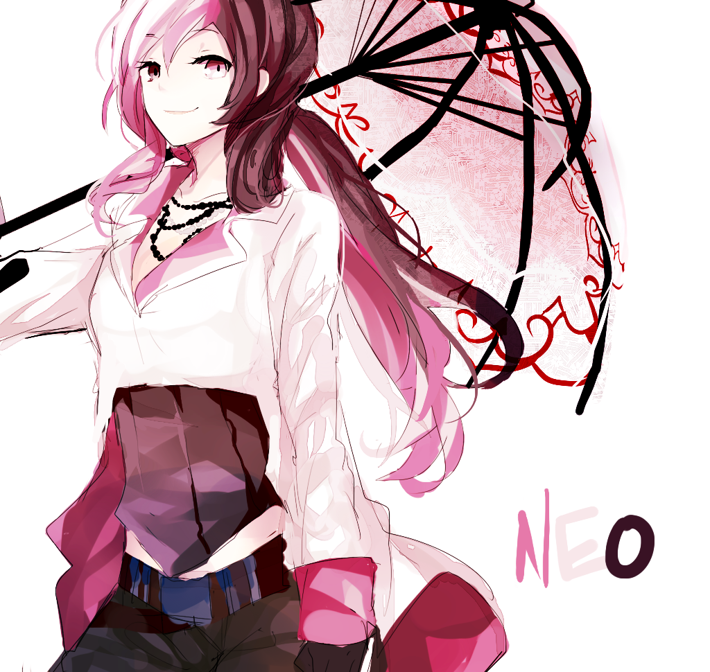 1girl aki_(a2006p1074) belt black_gloves black_pants brown_eyes brown_hair character_name coat corset cropped_jacket english gloves heterochromia jewelry long_coat long_hair multicolored_hair necklace neo_(rwby) pants parasol pink_clothes pink_eyes pink_hair rwby solo two-tone_hair umbrella