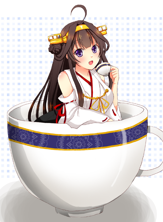 1girl :d ahoge blush brown_hair cup detached_sleeves double_bun giant_object hairband headgear in_container in_cup japanese_clothes kantai_collection kongou_(kantai_collection) long_hair looking_at_viewer nontraditional_miko open_mouth smile solo sotogawa_max teacup violet_eyes