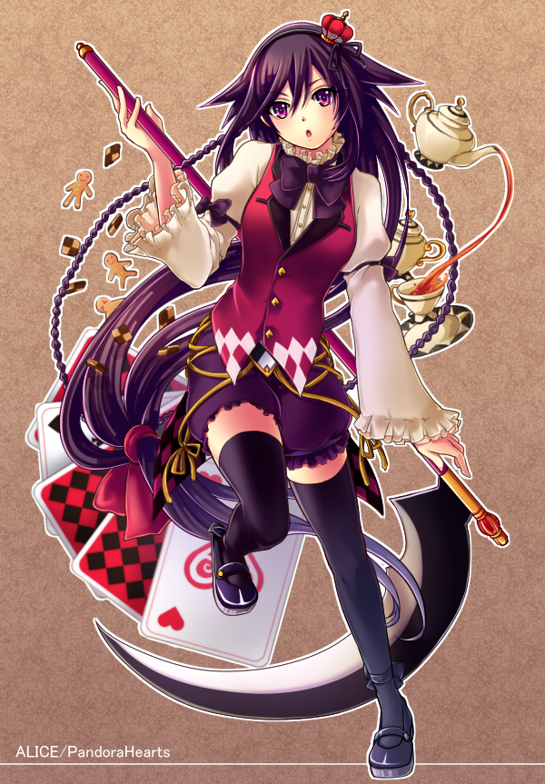 1girl absurdly_long_hair alice_(pandora_hearts) bow braid brown_hair card cocorosso cookie crown cup food gingerbread_man long_hair low-tied_long_hair open_mouth pandora_hearts playing_card ribbon skirt solo teacup very_long_hair violet_eyes weapon