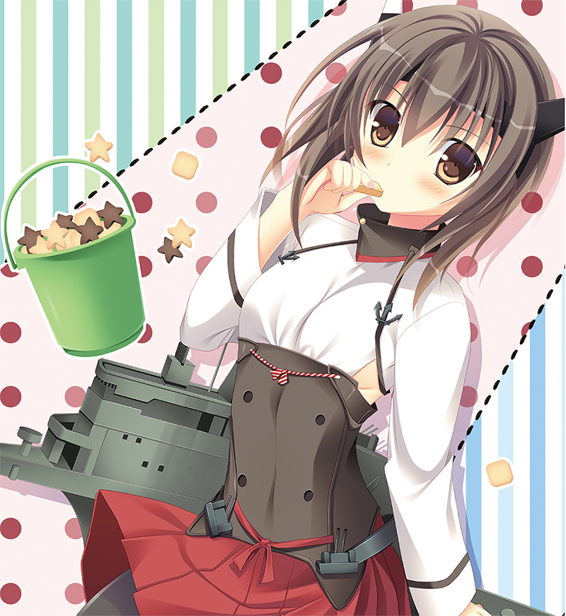 1girl brown_eyes brown_hair bucket cookie eating food headgear kantai_collection looking_at_viewer machinery moi_(licoco) short_hair solo star taihou_(kantai_collection)
