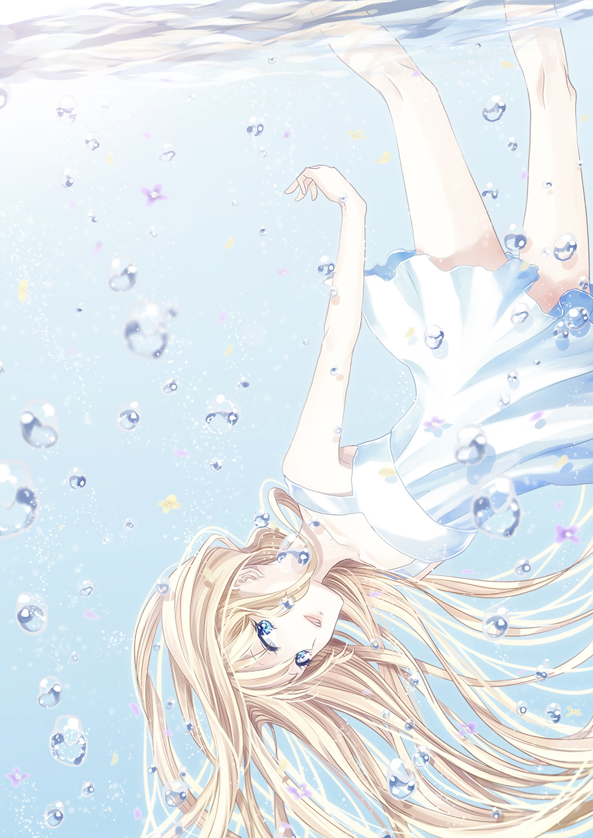 1girl blonde_hair blue_eyes bubble dress long_hair looking_at_viewer original parted_lips shino_(syllable) solo underwater upside-down very_long_hair white_dress