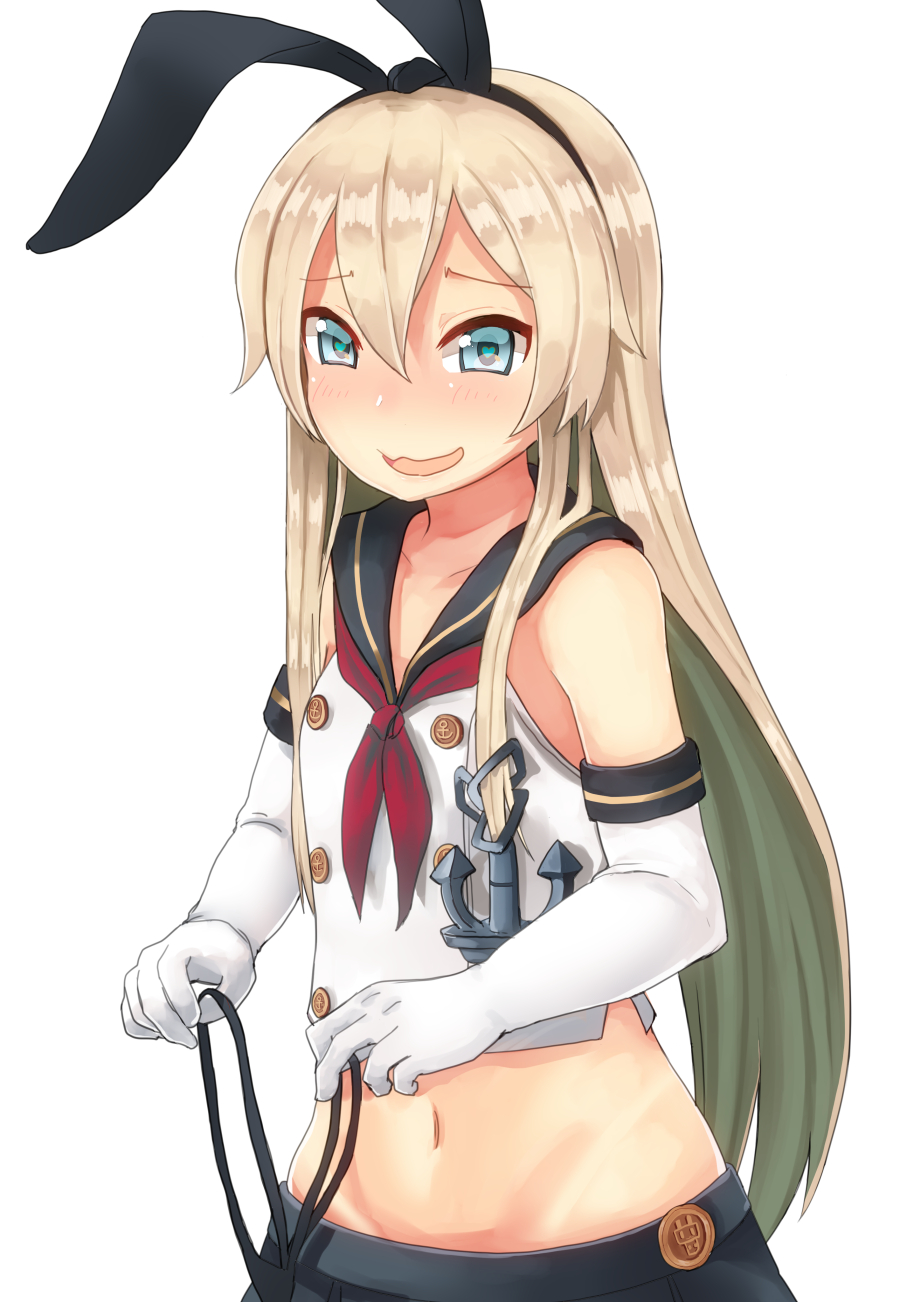 1girl anchor black_panties blonde_hair blue_eyes blush elbow_gloves gloves hair_ornament hairband heart heart-shaped_pupils highres holding holding_panties kantai_collection long_hair looking_at_viewer midriff moutama navel open_mouth panties panties_removed shimakaze_(kantai_collection) simple_background skirt smile solo symbol-shaped_pupils underwear white_background white_gloves