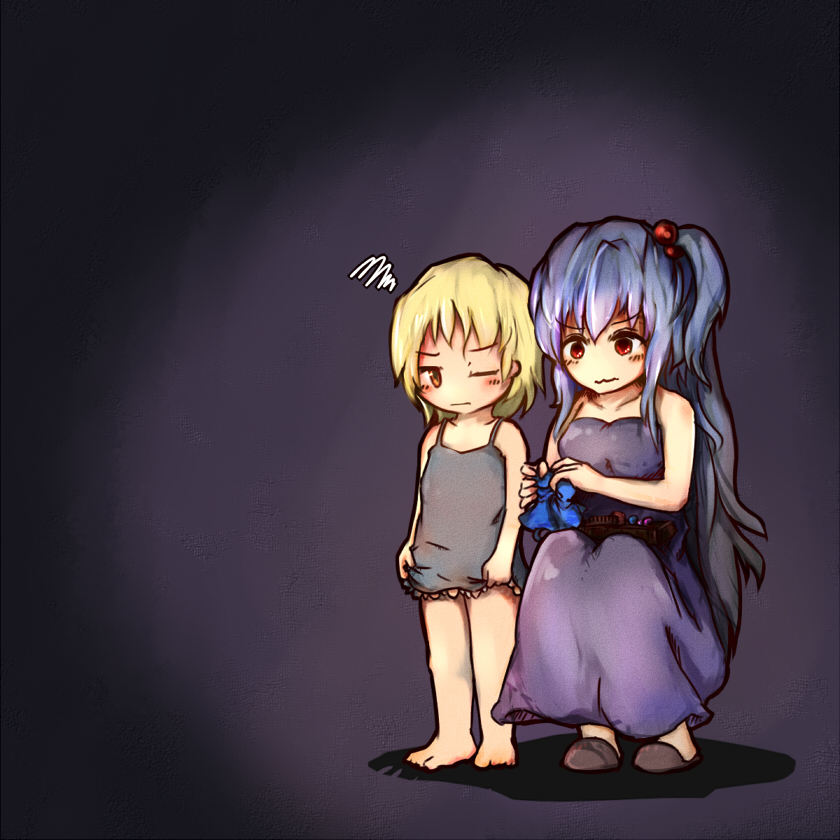 2girls :3 :| alice_margatroid alice_margatroid_(pc-98) amber_eyes bare_shoulders barefoot blonde_hair blue_hair breasts child ears full_body hair_bobbles hair_ornament innelysion long_hair looking mother_and_daughter multiple_girls one_eye_closed purple_background red_eyes sewing sewing_kit shinki short_hair side_ponytail sleepwear slippers squatting tagme touhou touhou_(pc-98) very_long_hair younger