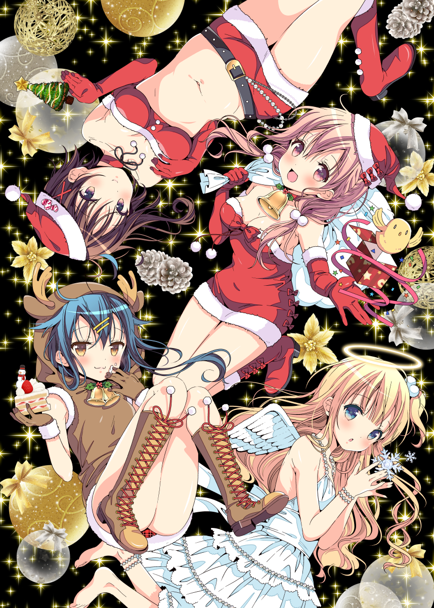 4girls :3 :d :o angel angel_wings animal_costume anklet antlers bandeau bangs barefoot bell bell_choker belt bird blonde_hair blue_eyes blue_hair boots bow box bracelet brown_boots brown_eyes brown_gloves brown_hair cake choker christmas christmas_ornaments christmas_tree commentary_request confetti cross-laced_footwear dress elbow_gloves food food_on_face fur_trim gift gift_box gloves hair_between_eyes hair_bobbles hair_ornament hairpin halo hand_on_own_chest hat hat_bow hat_pin highres hinako_note jewelry knee_boots lace-up_boots long_hair looking_at_viewer march-bunny microskirt midriff multiple_girls navel one_side_up open_mouth panties pinecone pink_eyes plaid plaid_panties red_boots reindeer_antlers reindeer_costume reindeer_hood ribbon santa_boots santa_costume santa_gloves santa_hat skirt smile snowflakes sparkle twintails underwear violet_eyes white_dress wings