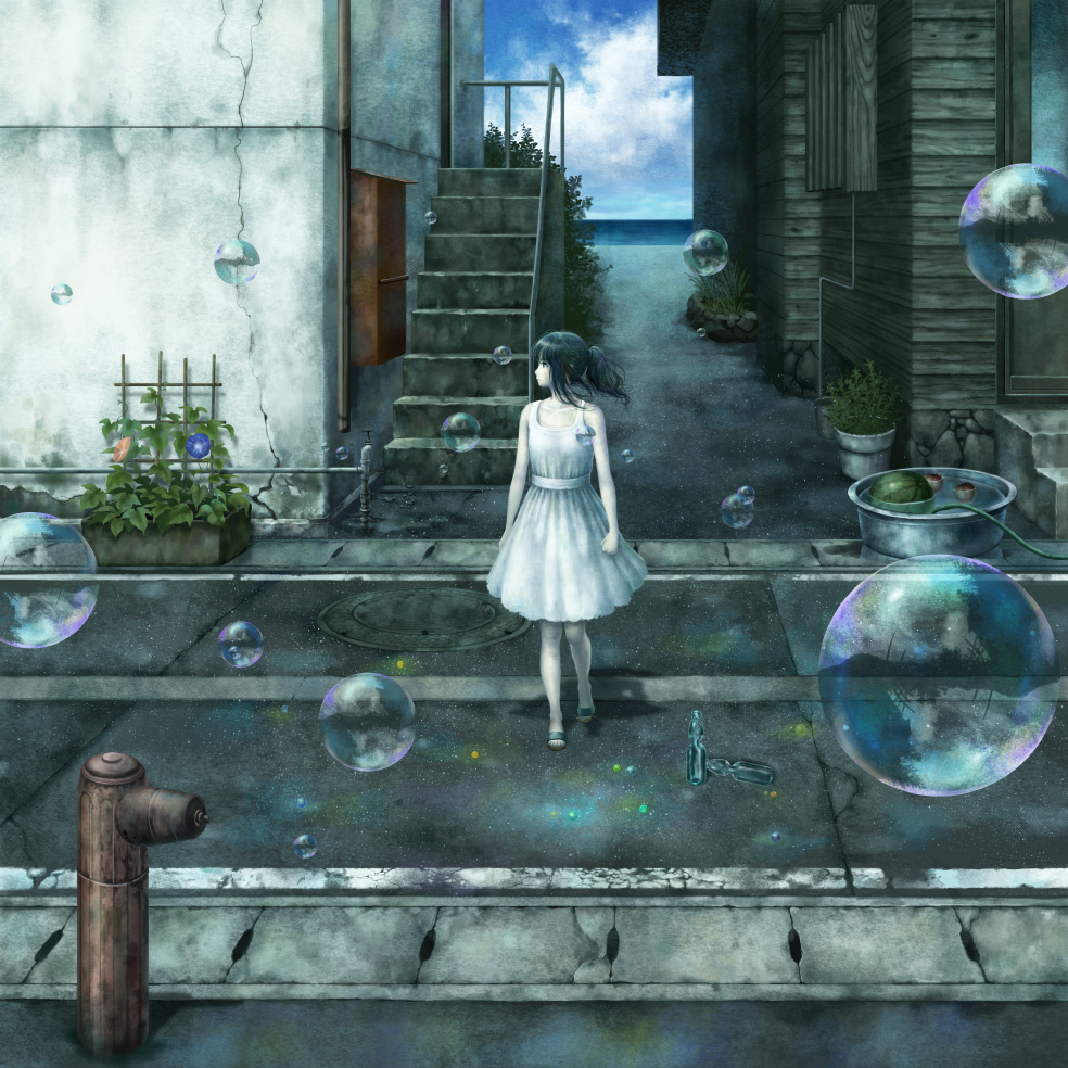 1girl apple basin black_hair bottle bubble bucket building bush clouds dress fire_hydrant flower food fruit horizon hose house kazami_(kuroro) light_particles long_hair looking_to_the_side manhole_cover morning_glory muted_color no_socks ocean original pale_skin plant ponytail potted_plant ramune road sandals scenery short_dress sky sleeveless sleeveless_dress solo stairs street walking water water_hose watermelon white_dress