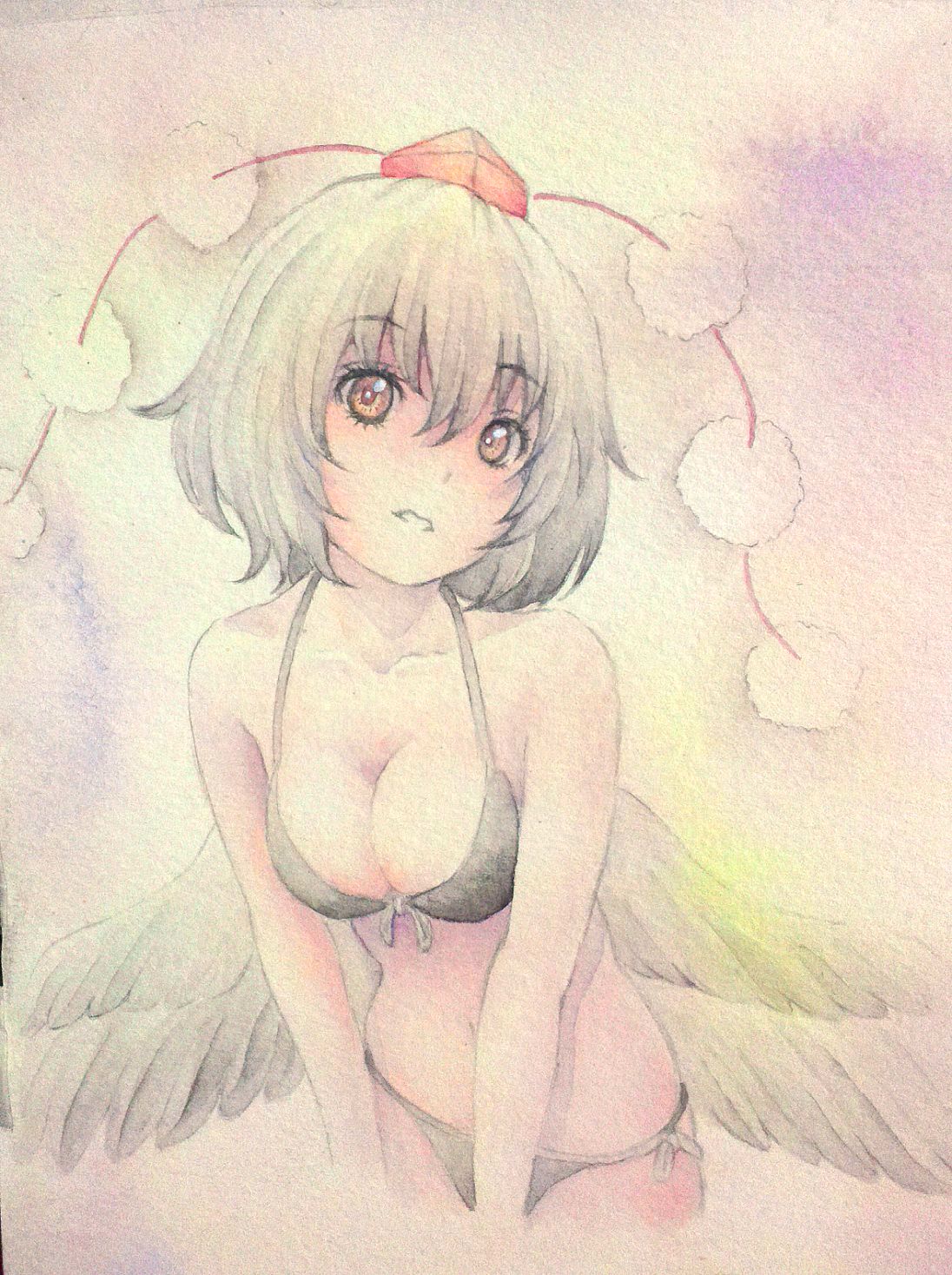 1girl alternate_costume bikini bird_wings black_bikini black_hair black_wings breasts brown_eyes bust cleavage collarbone eyelashes feathered_wings front-tie_top hat highres leaning_forward looking_at_viewer parted_lips pink_background pom_pom_(clothes) shameimaru_aya short_hair side-tie_bikini smile solo swimsuit teeth tokin_hat touhou traditional_media watercolor_(medium) wings yuyu_(00365676)