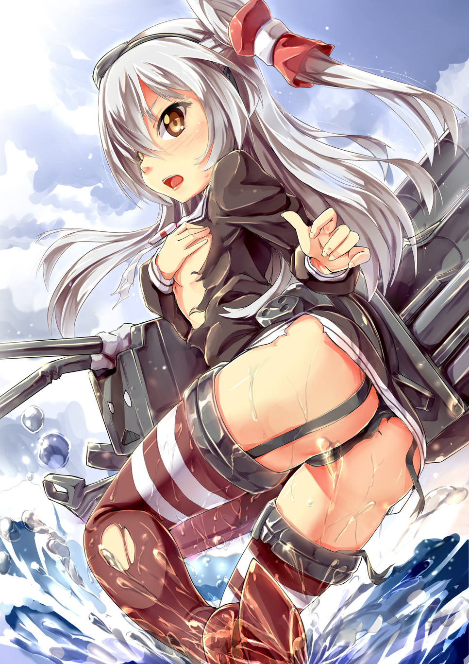 1girl amatsukaze_(kantai_collection) ass black_panties blush brown_eyes covering covering_breasts damaged hairband highres kantai_collection long_hair looking_at_viewer machinery open_mouth pack_er_5 panties rensouhou-kun silver_hair solo splashing thigh-highs torn_clothes torn_thighhighs turret two_side_up underwear water