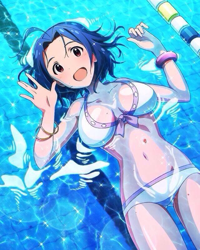 1girl :d ahoge artist_request beamed_quavers blue_hair bracelet breasts brown_eyes cleavage front-tie_top idolmaster idolmaster_million_live! jewelry jpeg_artifacts lane_line looking_at_viewer miura_azusa navel official_art open_mouth partially_submerged smile swimsuit