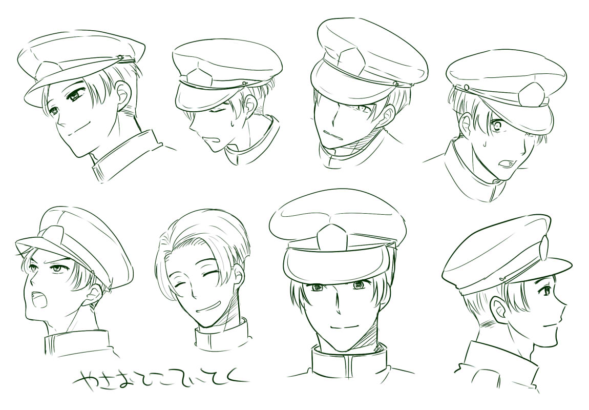 1boy admiral_(kantai_collection) character_sheet collar comic expressions kantai_collection looking_at_viewer military_cap r-king smile solo translated