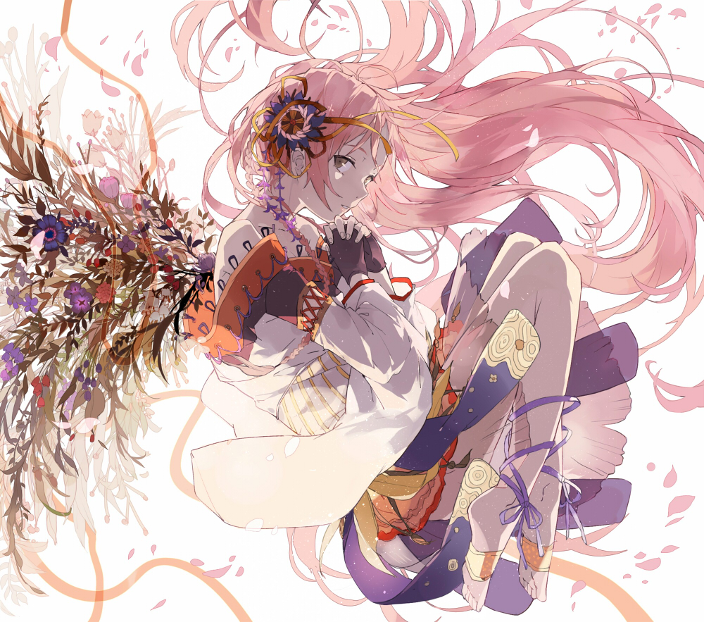 1girl bare_shoulders barefoot brown_eyes fingerless_gloves flower flower_wings gloves grey_eyes hair_ornament hands_clasped long_hair nine_(liuyuhao1992) original parted_lips petals pink_hair praying revision solo wind
