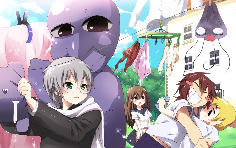 1girl 3boys ao_oni bangs black_eyes blockman_oni_(ao_oni) blonde_hair blue_sky blush_stickers brown_hair building character_name clothesline clouds crying emia_(castilla) gakuran glasses green_eyes grin gym_uniform hair_between_eyes handkerchief hiroshi_(ao_oni) holding hug jellyfish laundry lens_flare long_hair long_sleeves mansion mika_(ao_oni) multiple_boys open_mouth orange_eyes outdoors outstretched_arms parted_lips profile redhead scarf school_uniform serafuku shiny short_sleeves silver_hair sky smile socks solid_oval_eyes streaming_tears sunlight sweatdrop takeshi_(ao_oni) takurou_(ao_oni) tareme tears the_oni_(ao_oni) tree triangle_mouth window