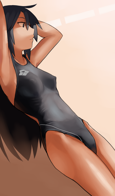 1girl black_eyes black_hair competition_swimsuit long_hair lvi one-piece_swimsuit original swimsuit