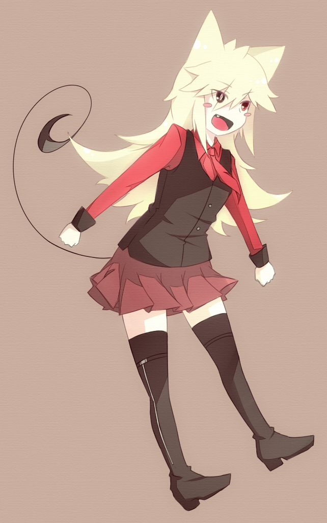 1girl animal_ears bangs black_boots black_eyes black_shirt_cuffs black_thigh_boots black_waistcoat blonde_hair blush blush_stickers boots brown_background buttons clenched_hands collared_shirt dress_shirt eyebrows eyebrows_visible_through_hair eyes eyes_visible_through_hair face fang hair heterochromia legs legs_apart long_hair long_tail moge-ko mogeko_castle necktie open_mouth outstretched_arms payot red_eyes red_miniskirt red_skirt red_tie shadow shirt_collar_down simple_background skirt solo tail teeth thigh-highs thigh_boots thighs vest waistcoat zettai_ryouiki