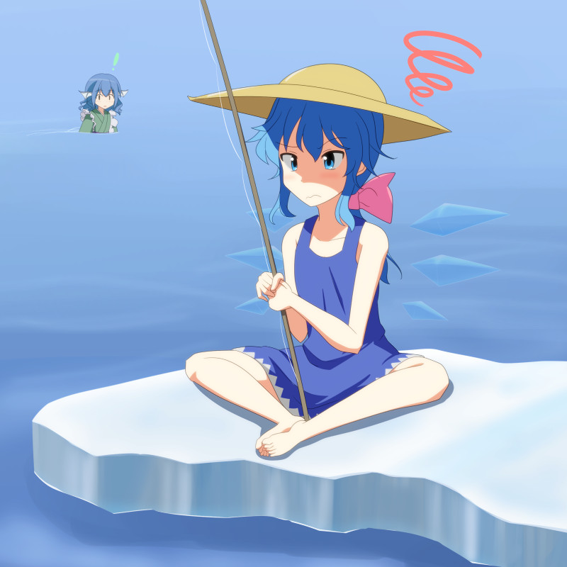 2girls adapted_costume alternate_hair_length alternate_hairstyle annoyed bare_arms bare_legs bare_shoulders barefoot bow butterfly_sitting cato_(monocatienus) chemise cirno fishing_line frown hair_bow hat ice ice_fishing ice_wings long_hair multiple_girls no_shirt ponytail sitting squiggle sun_hat touhou tsurime wakasagihime water wings