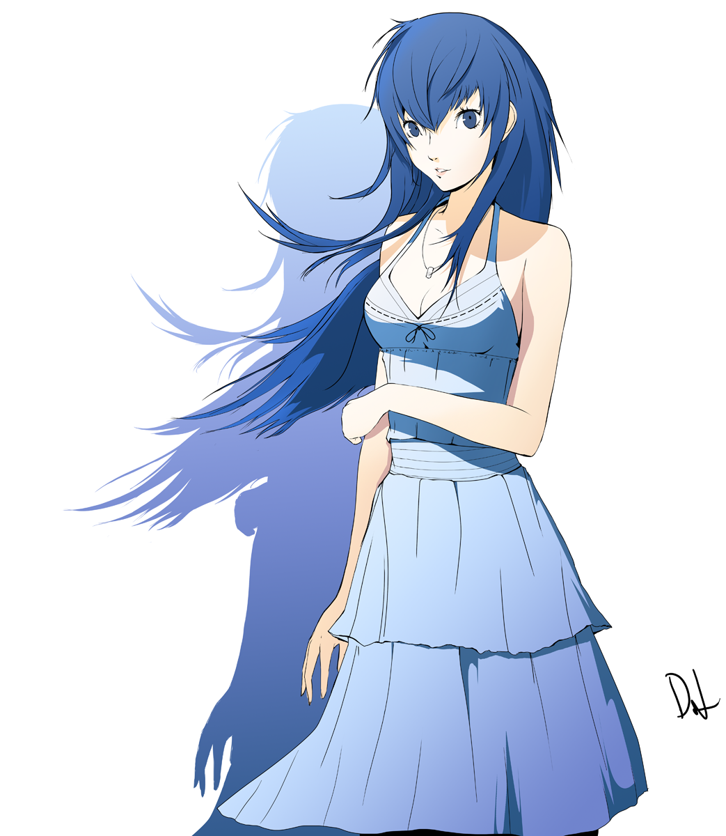 1girl blue_eyes blue_hair commentary dh_(brink_of_memories) dress hair_between_eyes highres jewelry long_hair necklace persona persona_4 persona_x_detective shadow shirogane_naoto signature solo sundress white_background