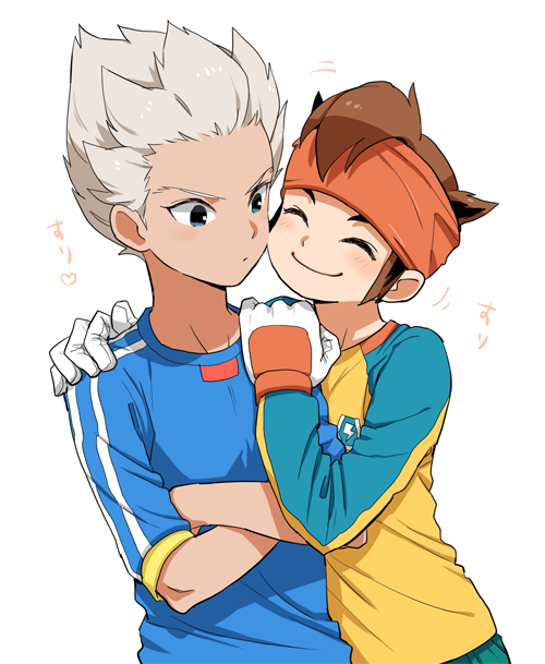 2boys blush brown_hair closed_eyes endou_mamoru gloves goalkeeper gouenji_shuuya headband inazuma_eleven inazuma_eleven_(series) inazuma_japan kinokooooo male multiple_boys short_hair simple_background smile soccer_uniform sportswear white_background yaoi