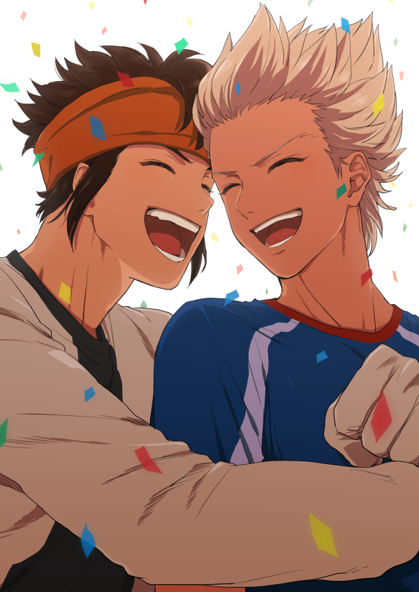 2boys closed_eyes confetti endou_mamoru gloves goalkeeper gouenji_shuuya hairband inazuma_eleven_(series) inazuma_eleven_go inazuma_eleven_go_vs_danball_senki_w inazuma_legend_japan kinokooooo male multiple_boys open_mouth short_hair smile soccer_uniform sportswear white_background white_hair