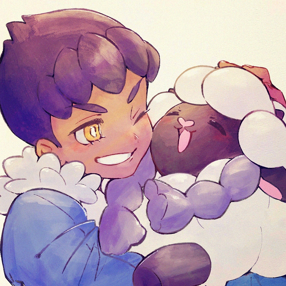 1boy bangs blue_jacket bright_pupils commentary_request dark_skin dark_skinned_male fur-trimmed_jacket fur_trim gen_8_pokemon holding holding_pokemon hop_(pokemon) jacket male_focus one_eye_closed pokemon pokemon_(creature) pokemon_(game) pokemon_swsh purple_hair short_hair smile tt1010 wooloo yellow_eyes