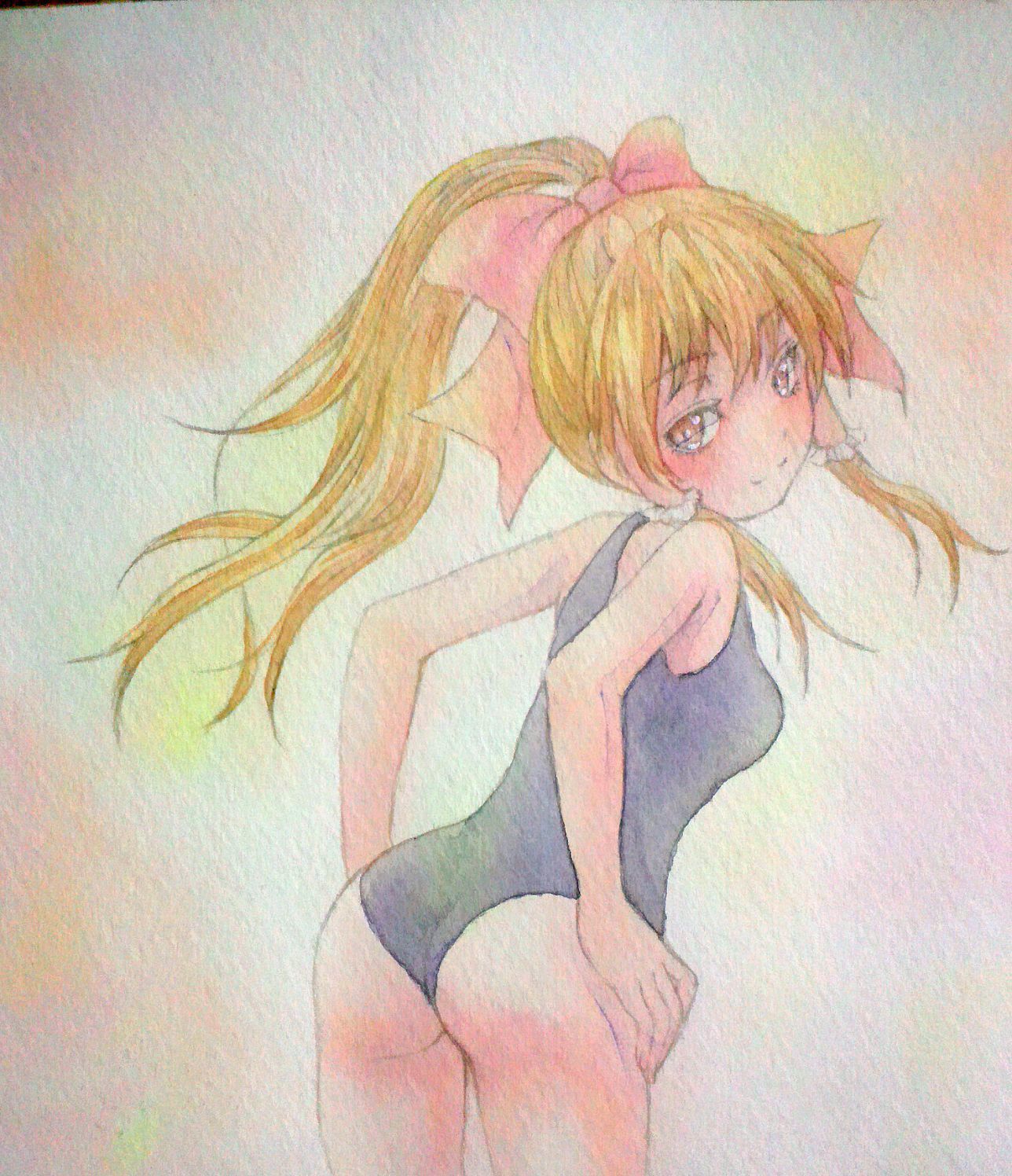 1girl alternate_costume ass blush bow brown_eyes brown_hair cowboy_shot hair_bow hair_tubes hakurei_reimu head_tilt highres leaning_forward light_smile looking_at_viewer looking_back pink_background ponytail school_swimsuit solo swimsuit touhou traditional_media watercolor_(medium) yuyu_(00365676)