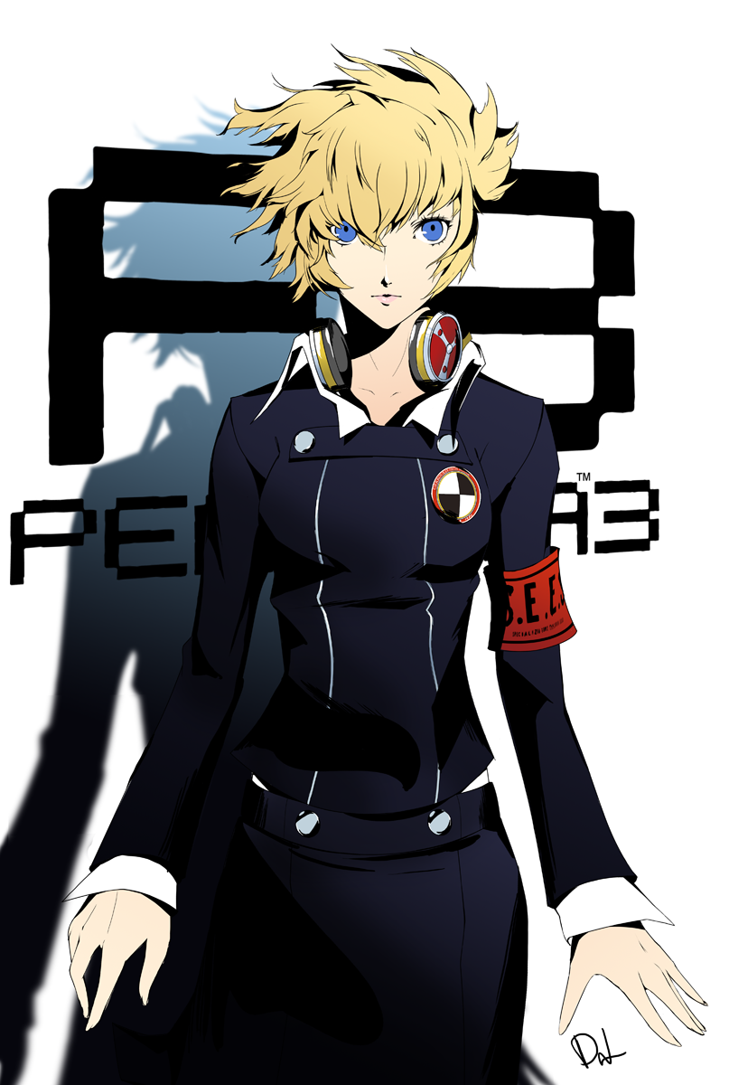 1girl aegis aegis_(persona) armband blonde_hair blue_eyes commentary copyright_name dh_(brink_of_memories) headphones highres humanization looking_at_viewer official_style persona school_uniform shadow signature solo white_background